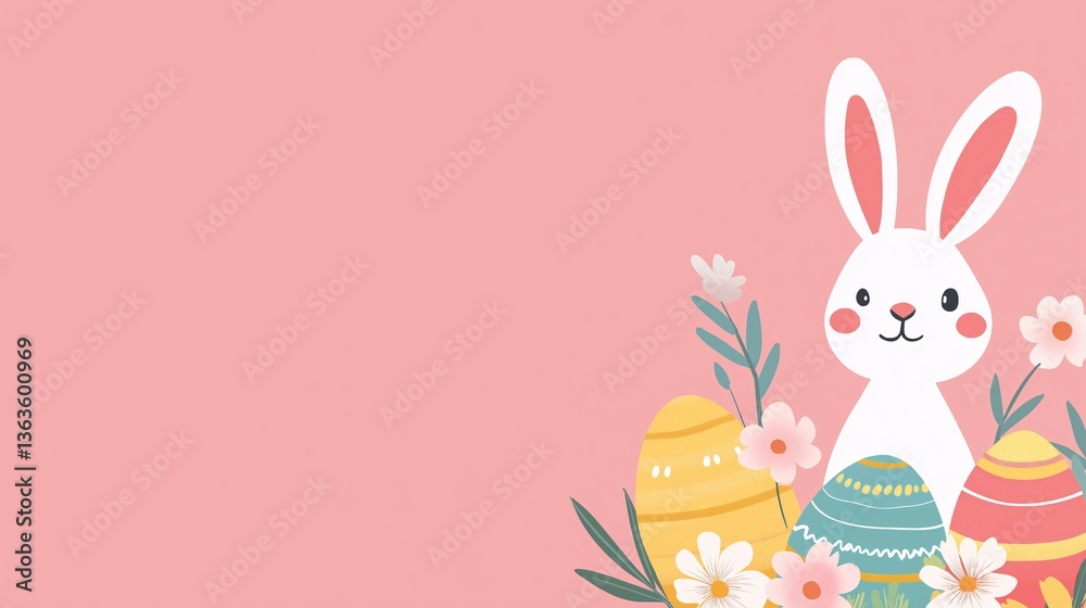 Fototapeta premium Adorable Easter Bunny with Colorful Eggs and Spring Flowers on Pink Background