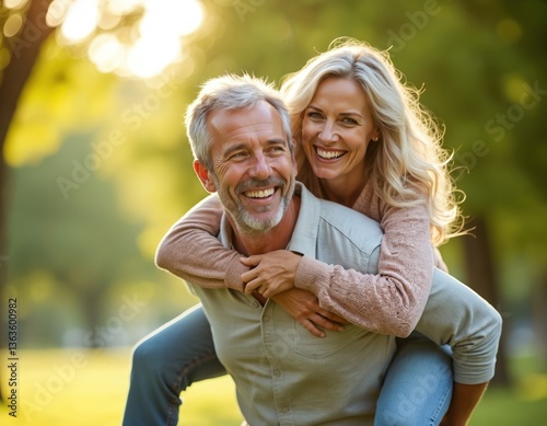 Mature man gives piggyback ride to woman in sunny park. Cheerful senior couple laughing, enjoying life together. Happy relationship, genuine affection, freedom. Senior couple having fun outdoors.