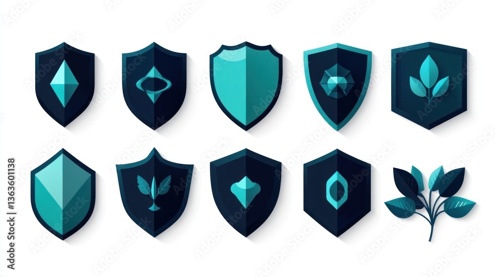 Teal and dark blue shield icons; eco-friendly design; white background; website graphics Teal and dark blue shield icons; eco-friendly design; white background; website graphics