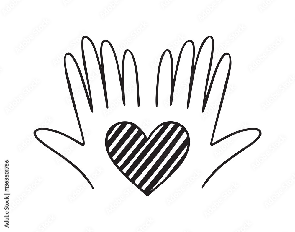Obraz premium heart in palms of hands doodle hand drawn icon. Love Relationship concept outline drawing hands and heart line clipart symbol