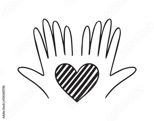 heart in palms of hands doodle hand drawn icon. Love Relationship concept outline drawing hands and heart line clipart symbol