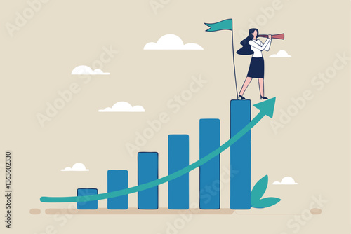 Business growth, success leadership looking for new vision, career opportunity, female leader challenge, job achievement concept, success businesswoman on growth chart looking through telescope.
