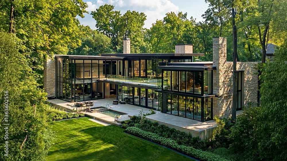 Modern architectural home surrounded by lush greenery, featuring large glass windows and outdoor space
