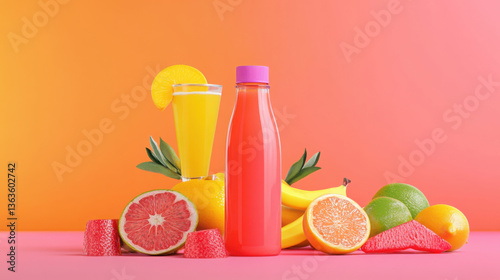 Vibrant fruit arrangement with fresh juices on colorful background for modern design