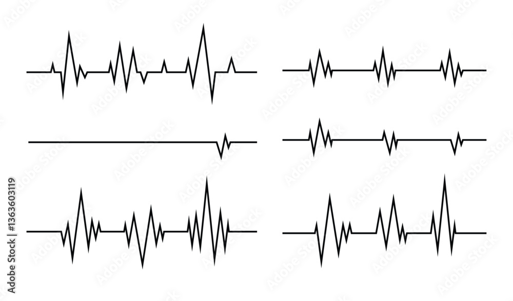 Naklejka premium Heartbeat line. Pulse cardiogram Icons of heart beat. Ecg Electrocardiogram with healthy rhythm, cardio attack, ischemia, infarction. Symbol for cardiac