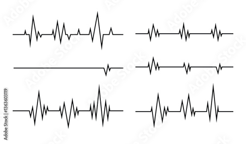 Heartbeat line. Pulse cardiogram Icons of heart beat. Ecg Electrocardiogram with healthy rhythm, cardio attack, ischemia, infarction. Symbol for cardiac