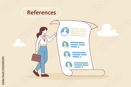 Professional references resume, people who recommend, working experience or recommendation for candidate, skill guarantee concept, business woman with reference people and work experience document.