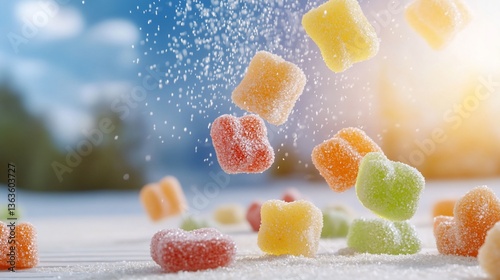 Wallpaper Mural Colorful candy pieces fall, sugar sprinkles sparkle in sunlight, bright background Torontodigital.ca