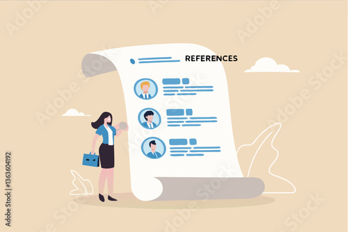 Professional references resume, people who recommend, working experience or recommendation for candidate, skill guarantee concept, business woman with reference people and work experience document.