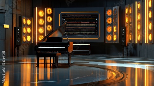 Futuristic music studio with grand piano, surround sound, and digital audio workstation.