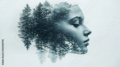 poetic fusion of a human silhouette and nature in an underwater scene, symbolizing the connection between the mind, nature, and the subconscious