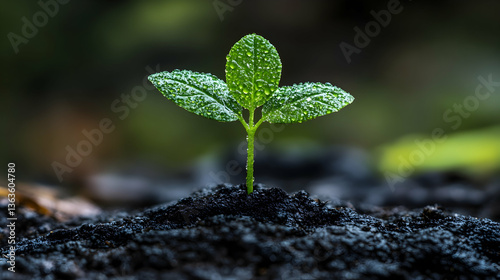 Sprout with dew on leaves emerging from dark soil