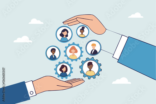 Customer retention, marketing strategy for customer loyalty, employee engagement, recruitment or human resource hiring, consumer care or benefit concept, businessman hand holding customer with care.