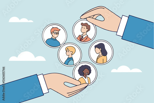 Customer retention, marketing strategy for customer loyalty, employee engagement, recruitment or human resource hiring, consumer care or benefit concept, businessman hand holding customer with care.