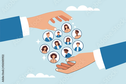 Customer retention, marketing strategy for customer loyalty, employee engagement, recruitment or human resource hiring, consumer care or benefit concept, businessman hand holding customer with care.