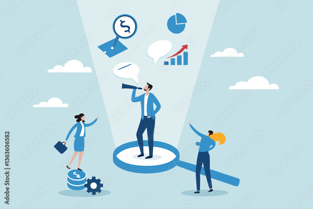 Corporate transparency, integrity or trust, business management with responsibility, financial transparent, legal or agreement for ethic report concept, businessman on magnifying glass transparency. Corporate transparency, integrity or trust, business management with responsibility, financial transparent, legal or agreement for ethic report concept, businessman on magnifying glass transparency.
