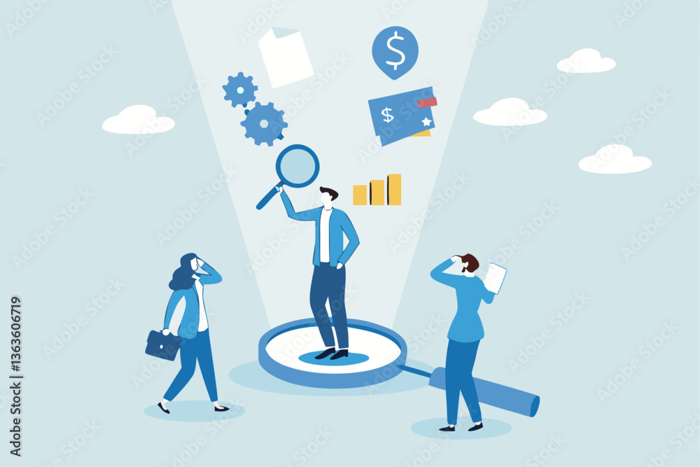 Corporate transparency, integrity or trust, business management with responsibility, financial transparent, legal or agreement for ethic report concept, businessman on magnifying glass transparency. Corporate transparency, integrity or trust, business management with responsibility, financial transparent, legal or agreement for ethic report concept, businessman on magnifying glass transparency.