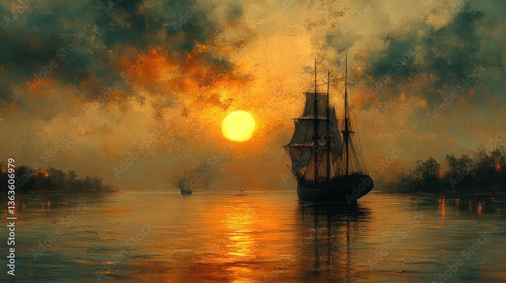 Obraz premium Sunset over calm water with sailing ships.