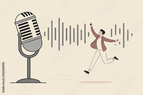 Podcast listening, microphone broadcasting with knowledge learning, personal development or voice communication to success concept, businessman walking on sound wave from podcasting microphone.