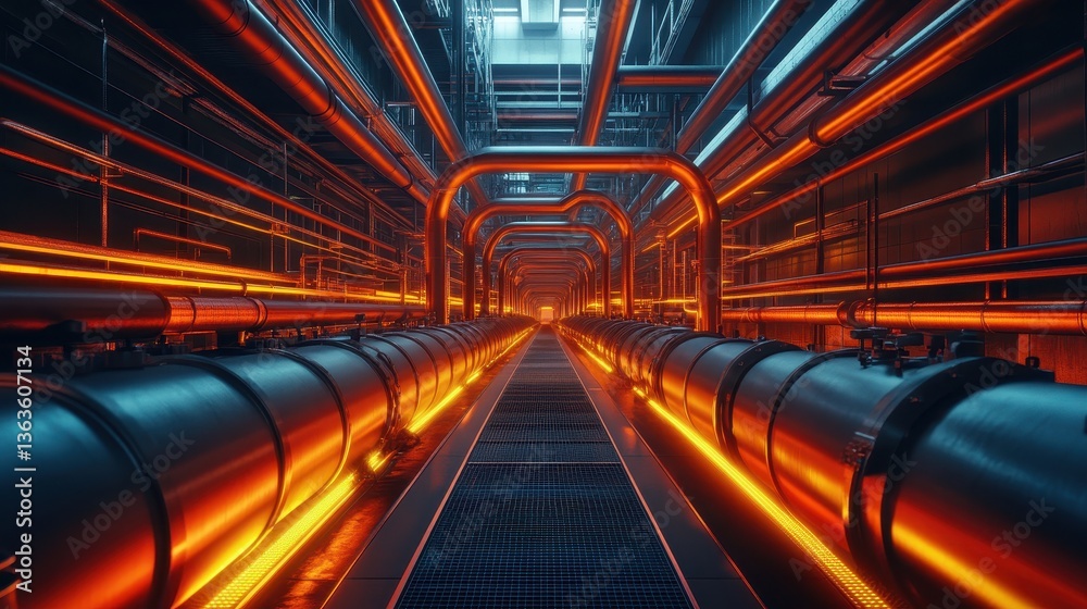 Fototapeta premium Abstract image of a tunnel filled with industrial pipes and metal grates. Great for conveying industrial concepts and the technological infrastructure.
