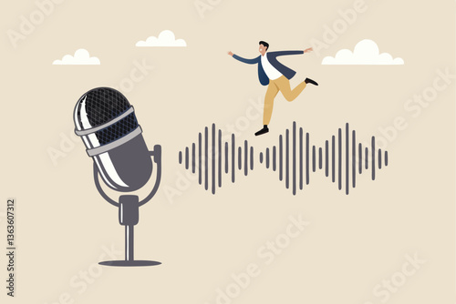 Podcast listening, microphone broadcasting with knowledge learning, personal development or voice communication to success concept, businessman walking on sound wave from podcasting microphone.