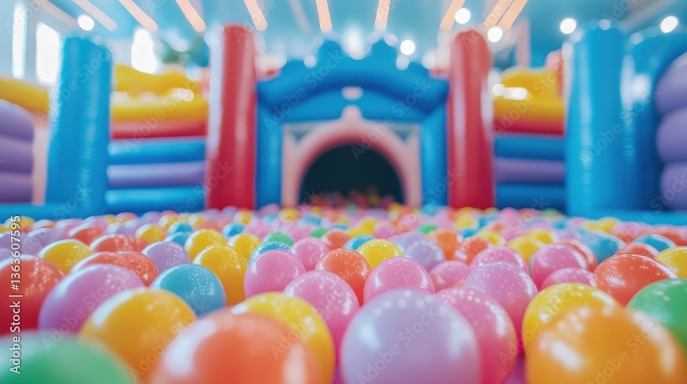 Indoor playground with colorful balls and bouncy castle behind. Ideal for children's events, birthday parties, and family fun concepts.
