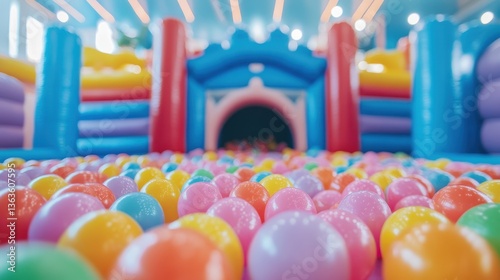 Obraz na płótnie Indoor playground with colorful balls and bouncy castle behind. Ideal for children's events, birthday parties, and family fun concepts. w salonie