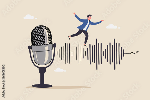 Podcast listening, microphone broadcasting with knowledge learning, personal development or voice communication to success concept, businessman walking on sound wave from podcasting microphone.