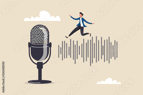 Podcast listening, microphone broadcasting with knowledge learning, personal development or voice communication to success concept, businessman walking on sound wave from podcasting microphone.