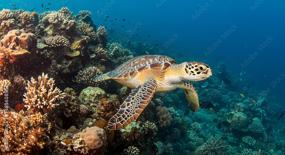 Fototapeta premium Sea turtle gracefully swims near vibrant coral reef gardens in clear waters