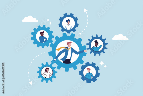 Roles and responsibilities, teamwork or resource management, work delegation, role definition or supervision, job position or organization concept, business man on gear cogwheels work with employees.