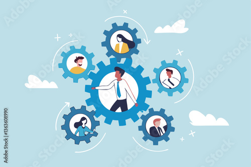 Roles and responsibilities, teamwork or resource management, work delegation, role definition or supervision, job position or organization concept, business man on gear cogwheels work with employees.