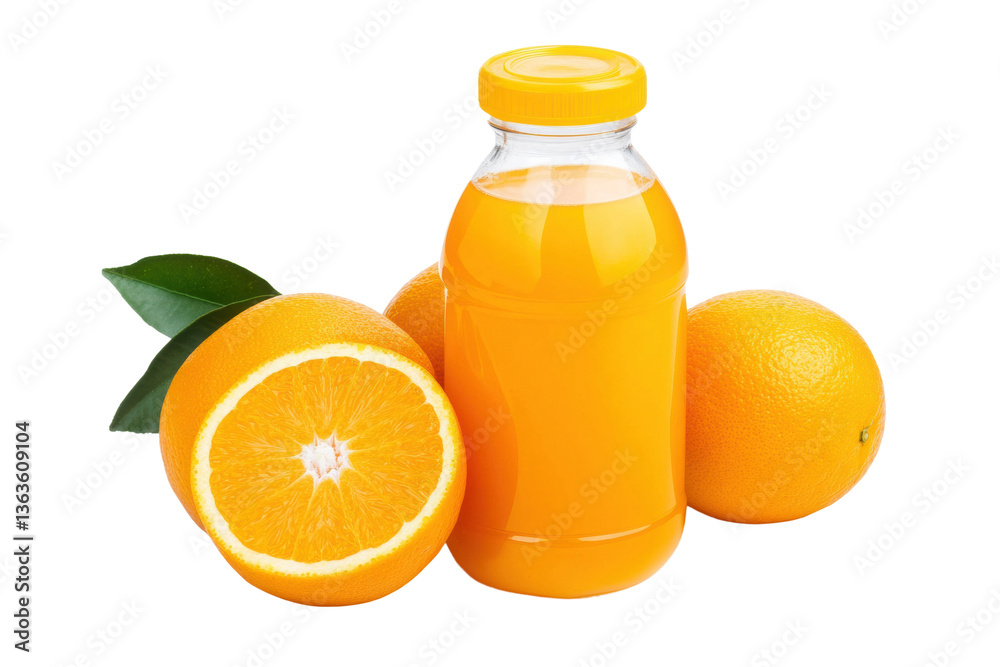 Fresh orange juice bottle with whole and sliced oranges, cut out Fresh orange juice bottle with whole and sliced oranges, cut out