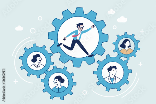 Roles and responsibilities, teamwork or resource management, work delegation, role definition or supervision, job position or organization concept, business man on gear cogwheels work with employees.