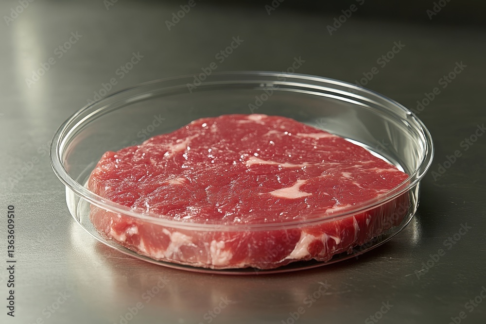 A raw steak sits in a clear petri dish on a metallic surface. Could be used to illustrate cultured or lab-grown meat concepts. A raw steak sits in a clear petri dish on a metallic surface. Could be used to illustrate cultured or lab-grown meat concepts.