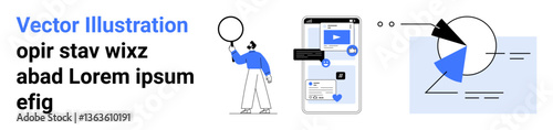 Person analyzing data with magnifying glass, mobile phone interface, pie chart infographic. Ideal for analytics, technology, education, data research, marketing, communication simple landing page