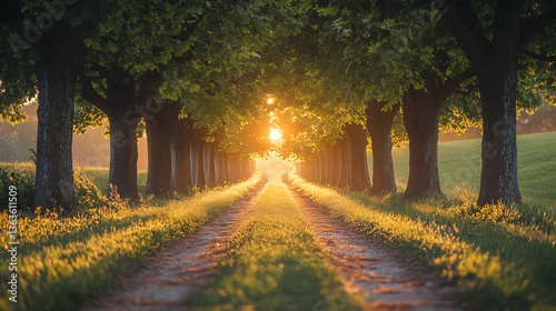 Sun shines down a long dirt path, tree lined in the countryside during the early morning light