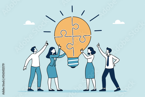 Idea brainstorming, cooperation or collaboration to get solution, teamwork or team meeting to develop idea together, employee participation concept, business people connect lightbulb jigsaw puzzle.