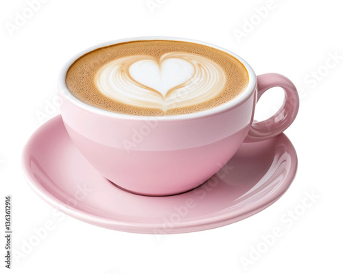 Heart-shaped latte art in pink cup on saucer, cut out