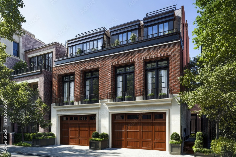 Modern brick building with elegant architecture showcasing large windows and contemporary design, located in an upscale neighborhood during bright daylight Modern brick building with elegant architecture showcasing large windows and contemporary design, located in an upscale neighborhood during bright daylight