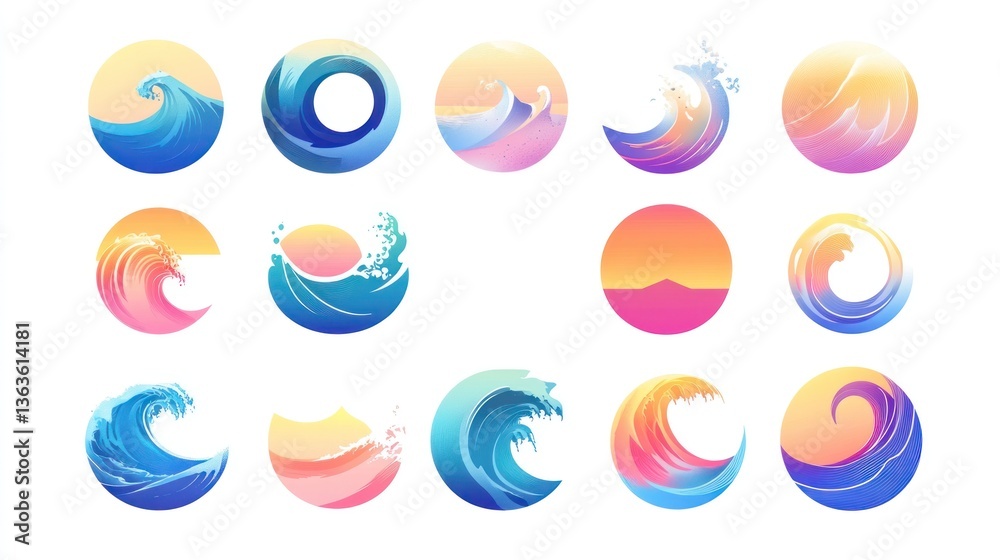 Colorful ocean wave icons; sunset, sunrise, water design elements for website or app Colorful ocean wave icons; sunset, sunrise, water design elements for website or app