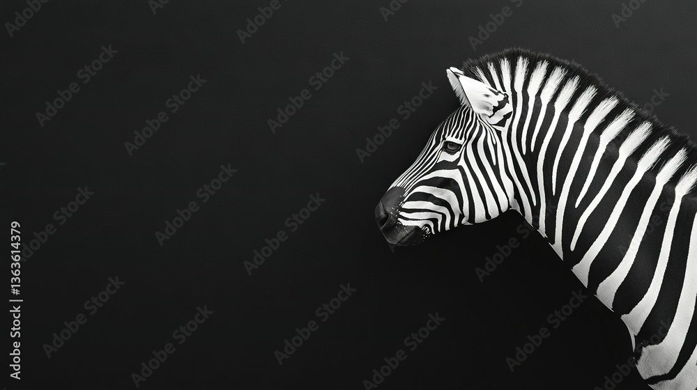 A monochrome image of a zebra's head on a dark background, with the animal's head prominently displayed in the foreground A monochrome image of a zebra's head on a dark background, with the animal's head prominently displayed in the foreground