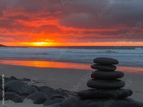 A serene beach scene showcases balanced stones during a vibrant sunset