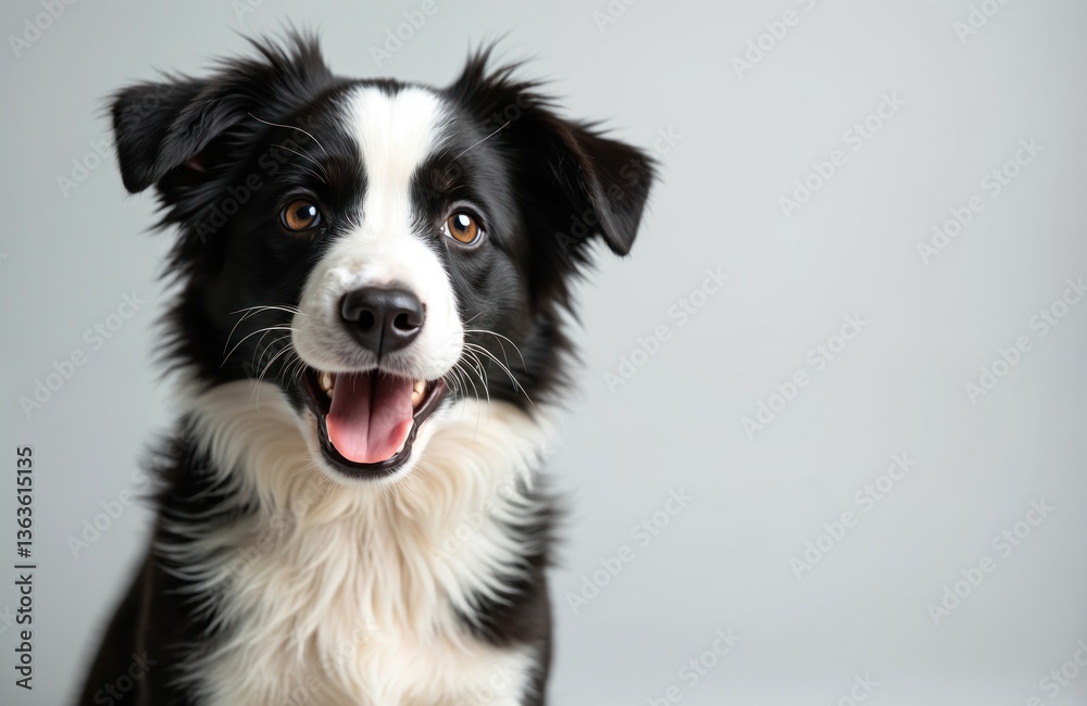 Cute border collie puppy with funny face. Adorable pet dog looking at camera. Portrait of a fluffy, friendly, purebred animal with black and white fur. Happy expression, isolated on white background. Cute border collie puppy with funny face. Adorable pet dog looking at camera. Portrait of a fluffy, friendly, purebred animal with black and white fur. Happy expression, isolated on white background.