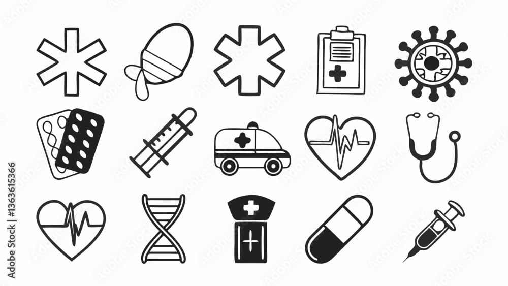 Collection of medical icons including ambulance, dna, stethoscope, pills, and other healthcare symbols   created with generative AI