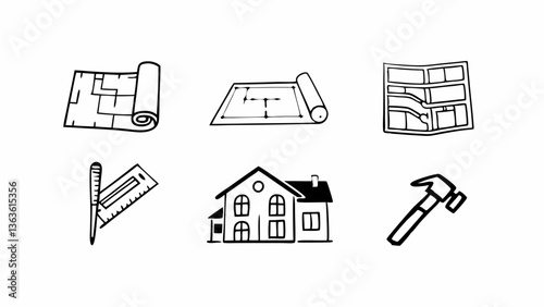 Illustration of house blueprints, map, house model, ruler, pencil, and hammer in black and white style created with generative AI