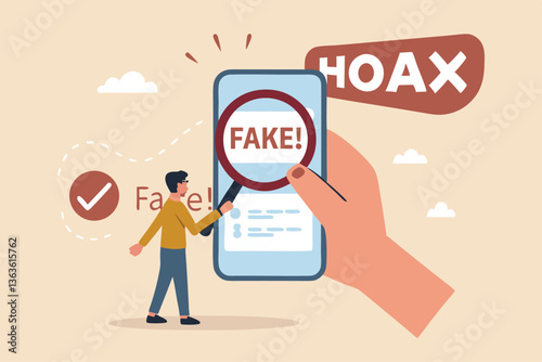 Fake news, false information sharing on social media, hoax or lies censorship, fake website cheating, scam or dishonesty report concept, man magnifying glass on social media as fake news attention.