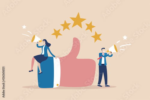 Recommendation, like or business feedback, office reputation, customer feedback or announce best quality promotion, recommend career concept, business people announce on megaphone with thumbs up.
