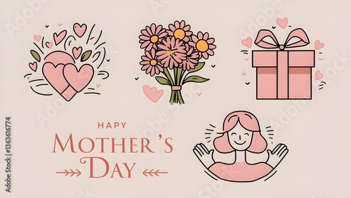 happy mothers day minimalistic design with a bouquet of flowers in a vase and a woman happily raising her arms in celebration on a soft pastel background with elegant text