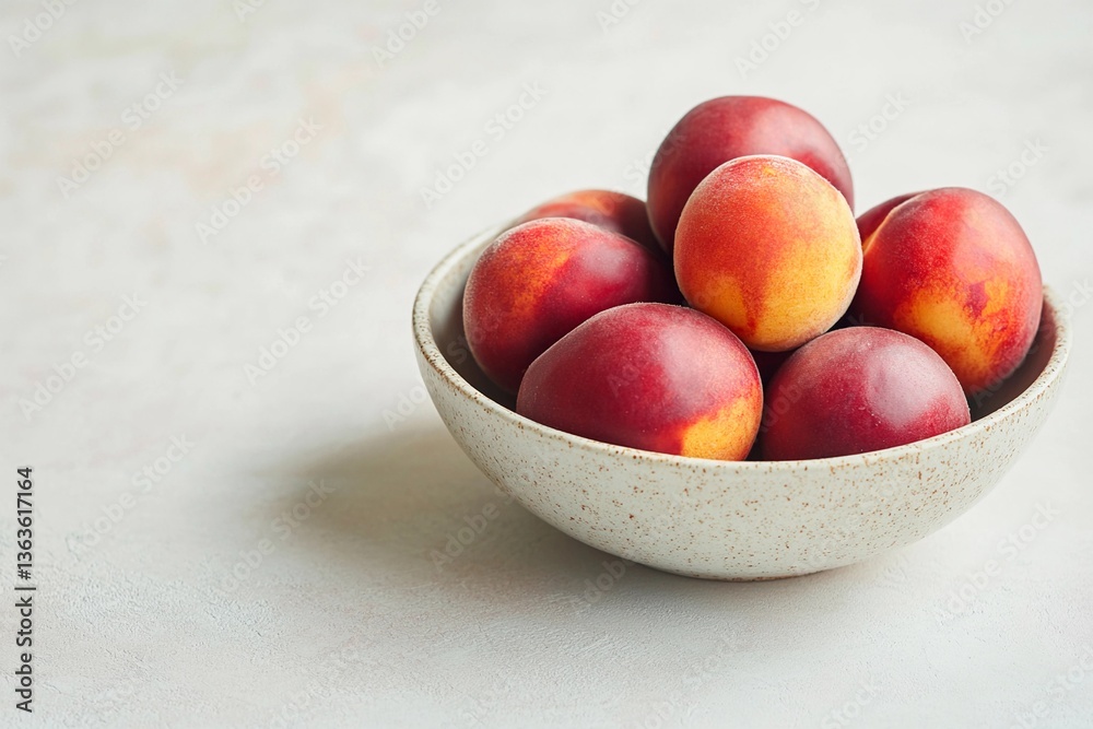 A bowl filled with ripe nectarines rests on a neutral surface, highlighting the fruits' smooth skin and warm hues. The composition emphasizes freshness and natural beauty A bowl filled with ripe nectarines rests on a neutral surface, highlighting the fruits' smooth skin and warm hues. The composition emphasizes freshness and natural beauty